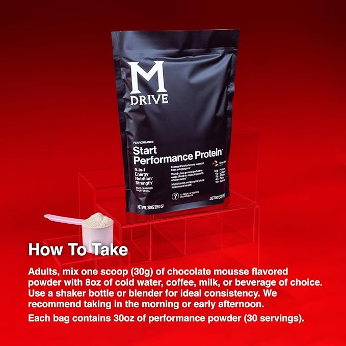 Mdrive Start, 9-in-1 Complete Nutrition and Protein Shake Powder, Supports Energy, Strength, Digestion, Immune Health, Nitric Oxide, Recovery and Reduces Stress - Chocolate Mousse 31.7oz, 30 Servings