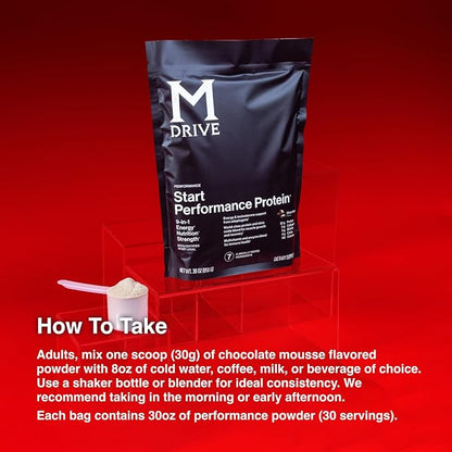 Mdrive Start, 9-in-1 Complete Nutrition and Protein Shake Powder, Supports Energy, Strength, Digestion, Immune Health, Nitric Oxide, Recovery and Reduces Stress - Chocolate Mousse 31.7oz, 30 Servings
