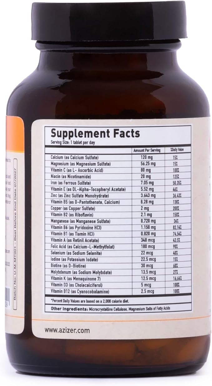U-MORE Multivitamin & Mineral Complex, Vegan, Sugar-Free, Gluten-Free, Calcium, Magnesium, Vitamin A, B1, B2, B5, B6, B12, D3, K, C, Iron, Zinc, Supports Immune System & Overall Health - 60 Tablets