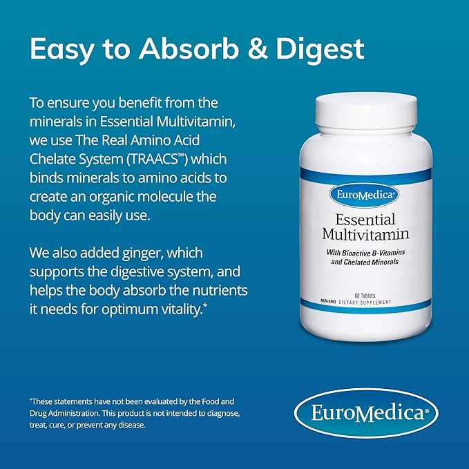 Euromedica Essential Multivitamin - Dietary Supplement to Aid Bone, Cardiovascular & Immune Health - Supplement with Chelated Minerals - Supplement with B-Vitamins & Vitamin C - 60 Tablets