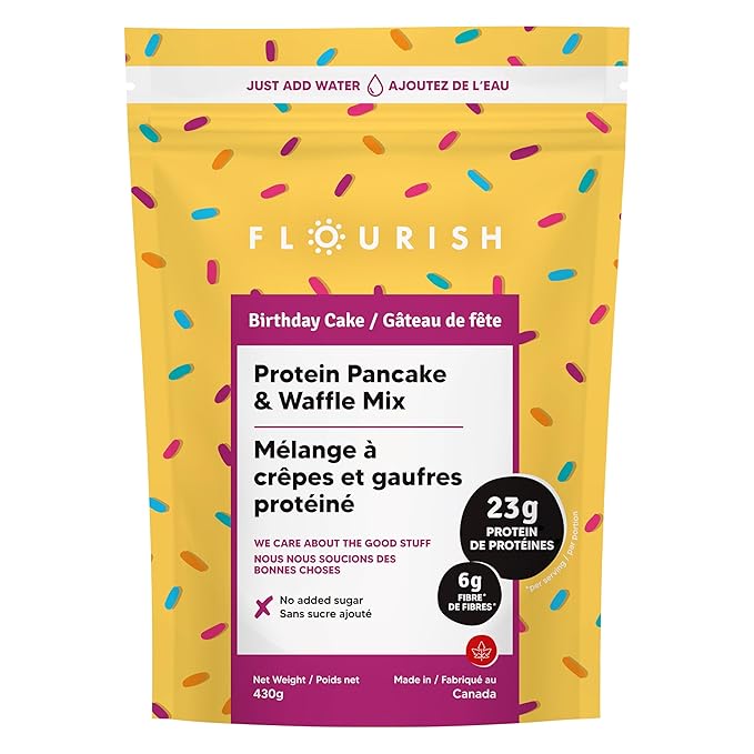 Flourish - Protein Pancake & Waffle Mix, Whey Protein Isolate & Flax Seed, Non-GMO, No Added Sugar, Superfood, High Protein & Fiber, Just Add Water - Birthday Cake, 16oz