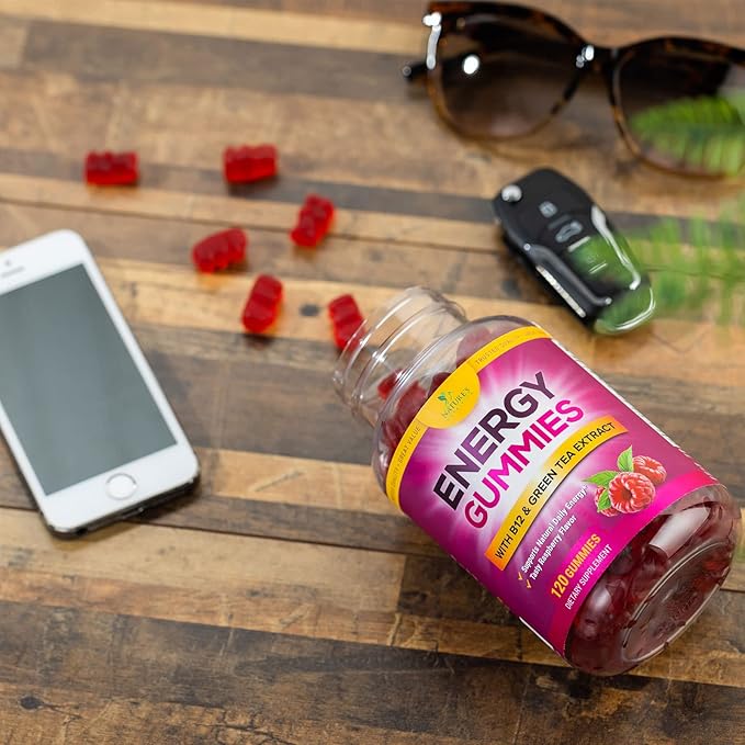 Energy Gummies Vitamin B12, Green Tea Natural Caffeine Support, Extra Strength 1000 mcg Daily Energy Vitamins, Delicious Berry Flavor Gluten Free Chewable Supplement for Cycling & Running - 120 Chews