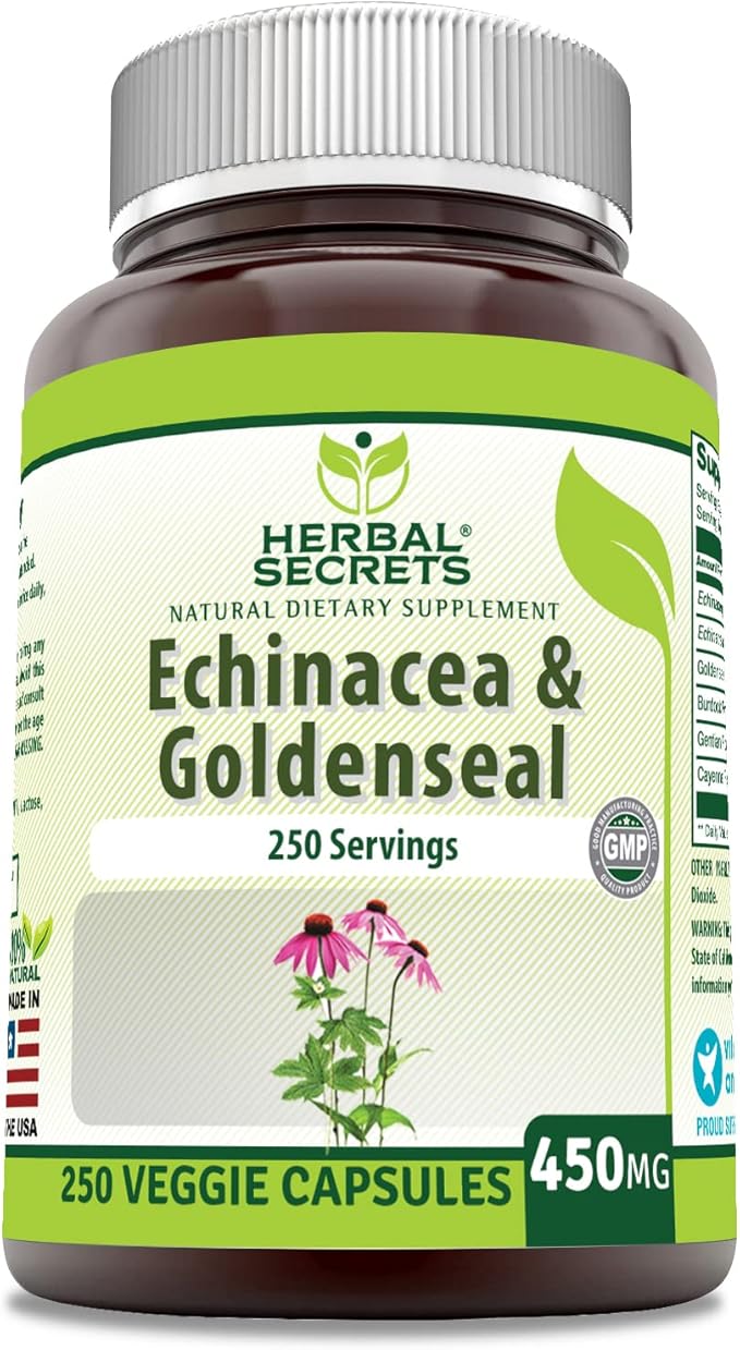 Herbal Secrets Echinacea & Goldenseal Root Supplement | 450 Mg Per Serving | 250 Veggie Capsules | Non-GMO | Gluten-Free | Made in USA (250 Veggie Capsules)