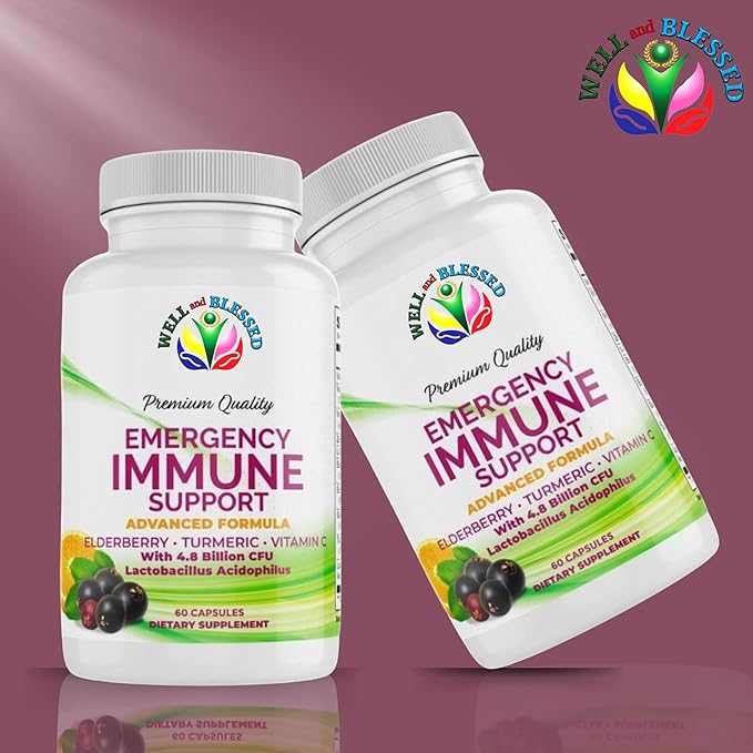 Emergency Immune Support - 60 Capsules - Elderberry, Turmeric, Vitamin C - Advanced Formula Capsules with Artificial Additives - Vegan Friendly