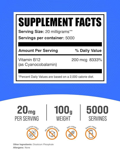 BulkSupplements.com Vitamin B12 Powder - as Cyanocobalamin, Vitamin B Supplement, Vitamin B12 200 mcg - Essential Vitamin, Gluten Free, 20mg per Serving, 100g (3.5 oz) (Pack of 1)
