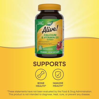 Nature's Way Alive! Daily Calcium & Vitamin D3 Gummies, Bone Support*, Immune Support*, Strawberry and Raspberry- Lemonade Flavored, 60 Gummies (Packaging May Vary)