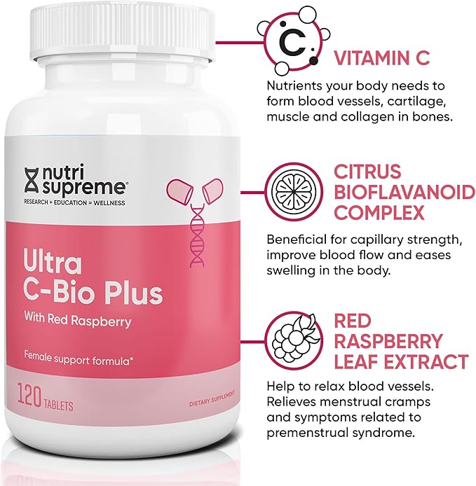 Nutri Suprme Ultra C-Bio Plus, Female Support Formula with Red Raspberry, Vitamin C, and Bioflavonoids , 120 Tablets, Vegetarian, Kosher