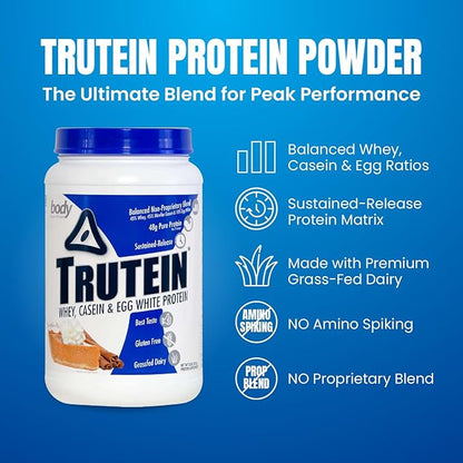 Body Nutrition Trutein High Protein Powder: 45% Whey, 45% Casein, 10% Egg White, Gluten-Free, Low Sodium, Grass Fed Whey Protein Powder, Gym Supplement & Breakfast Shake, Pumpkin Pie, 2lb