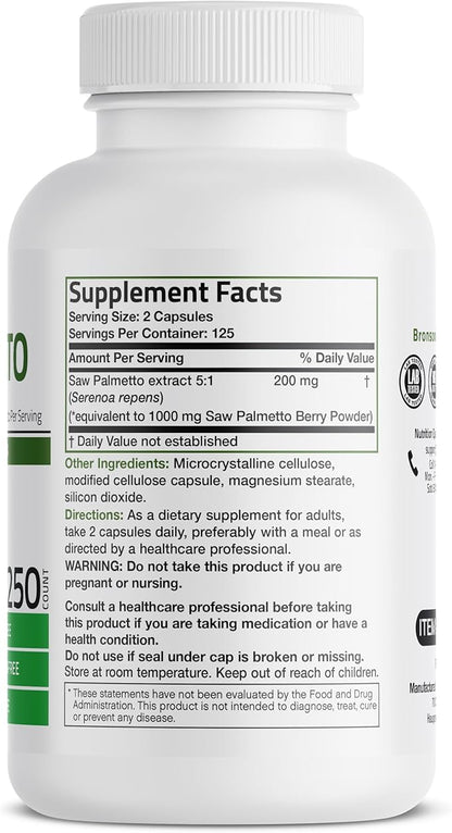 Bronson Saw Palmetto Extra Strength Supports Healthy Prostate Function & Urinary Health Support - Non GMO, 250 Vegetarian Capsules