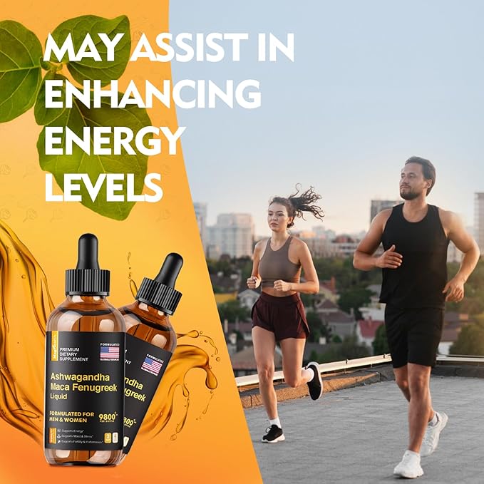 Ashwagandha Maca Fenugreek Extracts - Supports Energy & Focus - Liquid Supplement for Men & Women - 60 Day Servings, Vegan Drops (4 oz)