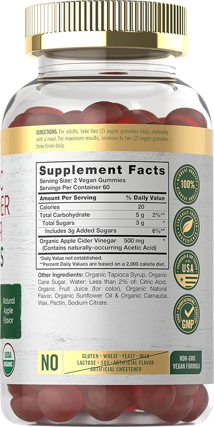 Carlyle Organic Apple Cider Vinegar Gummies | 120 Count | USDA Organic | Vegan, Non-GMO & Gluten-Free ACV Gummies | Apple Flavor