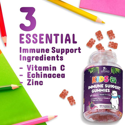 Kids Immune Support Gummy - Vitamin C, Zinc & Echinacea, Daily Children's Immune Support Gummies for Kids Ages 4 and Up, Nature's Vitamins for Kids, Vegan & Non-GMO, Natural Berry Flavor - 120 Gummies