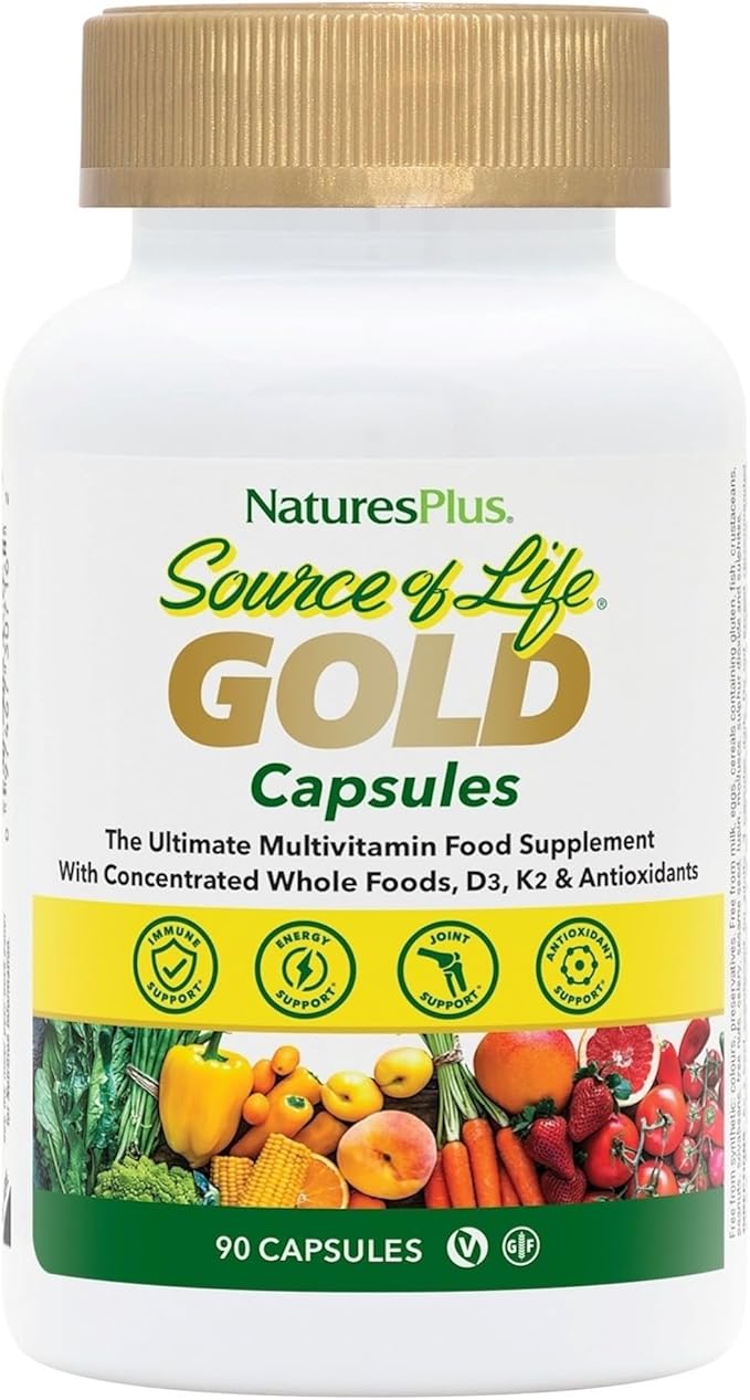 Natures Plus Source of Life Gold Multivitamin - 90 Vegetarian Capsules - with Vitamins D3, B12, K2 & More Than 120 Whole Foods - Blood, Bone & Immune Support - Gluten Free - 30 Servings