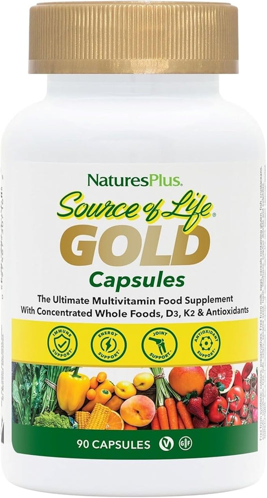 Natures Plus Source of Life Gold Multivitamin - 90 Vegetarian Capsules - with Vitamins D3, B12, K2 & More Than 120 Whole Foods - Blood, Bone & Immune Support - Gluten Free - 30 Servings