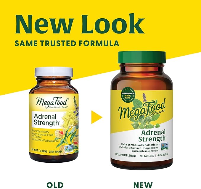 MegaFood Adrenal Strength - Sensoril Ashwagandha, Vitamin C, Fermented Magnesium Glycinate, Rhodiola Rosea, Reishi Mushroom & Food Blend - Supports a Normal Stress Response - 60 Tabs (30 Servings)