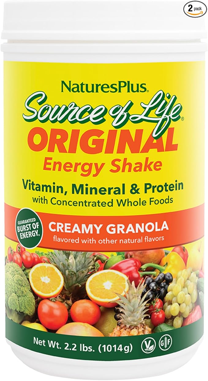 Natures Plus Source of Life Energy Shake, Creamy Granola - 2.2 lbs, Pack of 2 - Provides 13g Complete Protein, Vitamins & Minerals - Non-GMO, Gluten Free, Vegetarian - 52 Total Servings