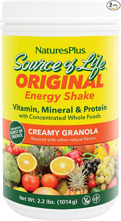 Natures Plus Source of Life Energy Shake, Creamy Granola - 2.2 lbs, Pack of 2 - Provides 13g Complete Protein, Vitamins & Minerals - Non-GMO, Gluten Free, Vegetarian - 52 Total Servings