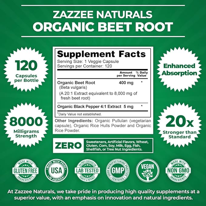 Zazzee USDA Organic Beet Root 8000 mg Strength 20:1 Extract, 120 Vegan Quick Release Capsules, Black Pepper Extract for Enhanced Absorption, Supports Nitric Oxide Production, Non-GMO, Made in The USA