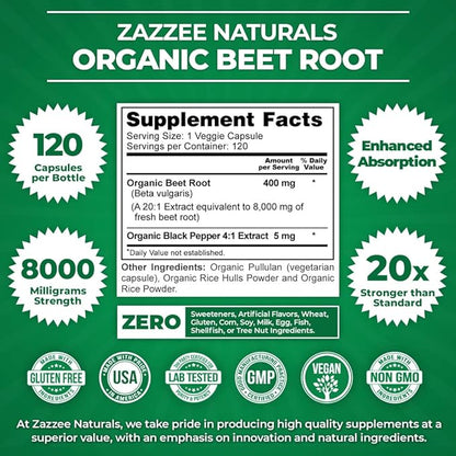 Zazzee USDA Organic Beet Root 8000 mg Strength 20:1 Extract, 120 Vegan Quick Release Capsules, Black Pepper Extract for Enhanced Absorption, Supports Nitric Oxide Production, Non-GMO, Made in The USA