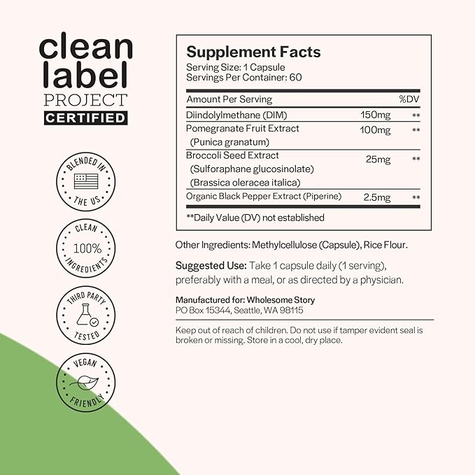 DIM Supplement for Women and Men Plus Pomegranate, Broccoli and Black Pepper | Diindolylmethane | Hormone and Estrogen Balance Supplement | Cell and Tissue Health | 60-Day Supply | 60 Capsules