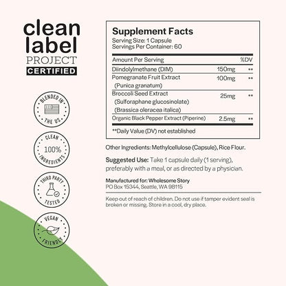 DIM Supplement for Women and Men Plus Pomegranate, Broccoli and Black Pepper | Diindolylmethane | Hormone and Estrogen Balance Supplement | Cell and Tissue Health | 60-Day Supply | 60 Capsules