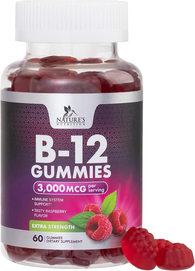 B12 Gummies, Extra Strength Energy 3000 mcg Vitamin B12, B-12 Energy Metabolism & Immune System Support, Chewable Supplement for Adults & Kids, Caffeine Free, Berry Flavored Gummy, Vegan - 60 Count