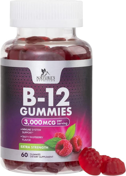 B12 Gummies, Extra Strength Energy 3000 mcg Vitamin B12, B-12 Energy Metabolism & Immune System Support, Chewable Supplement for Adults & Kids, Caffeine Free, Berry Flavored Gummy, Vegan - 60 Count