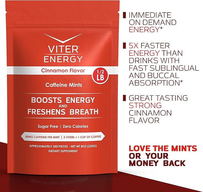 Viter Energy Caffeinated Mints 40mg Caffeine, B Vitamins, Sugar Free. (Cinnamon, 8oz, Bulk Bag)