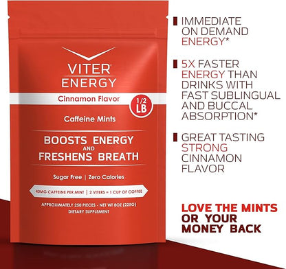 Viter Energy Caffeinated Mints 40mg Caffeine, B Vitamins, Sugar Free. (Cinnamon, 8oz, Bulk Bag)
