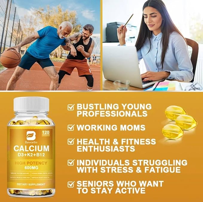 Calcium, Vitamin D3, K2 & B12 Supplement, Supports Bones, Teeth, Joints & Immune Health, Non-GMO Softgels, Yellow