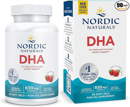 Nordic Naturals DHA, Strawberry - 90 Soft Gels - 830 mg Omega-3 - High-Intensity DHA Formula for Brain & Nervous System Support - Non-GMO - 45 Servings
