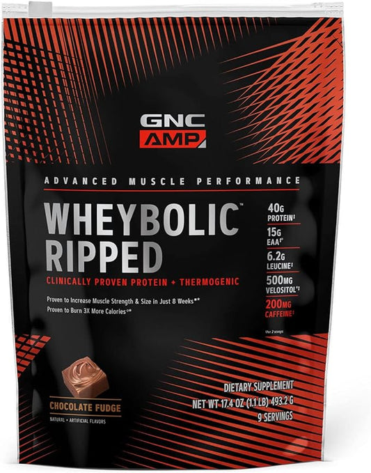 GNC AMP Wheybolic Ripped | Targeted Muscle Building and Workout Support Formula | Pure Whey Protein Powder Isolate with BCAA | Gluten Free | 9 Servings | Chocolate Fudge