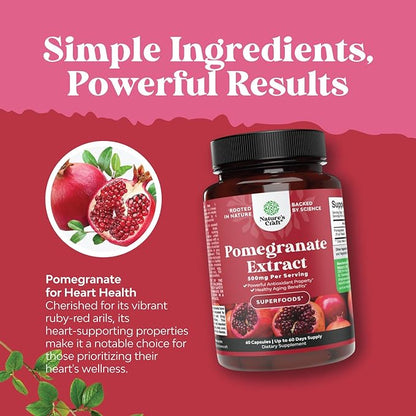 Pomegranate Extract Capsules Antioxidant Supplement - Natural Pomegranate Capsules for Heart Health Joint Support and Pre Workout for Men and Women - Nitric Oxide Supplement with Brain Health Vitamins