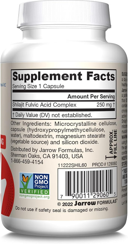 Jarrow Formulas® Shilajit 250 mg, Dietary Supplement, Shilajit Acid Complex for Cellular Energy Production, 60 Veggie Capsules, 60 Day Supply