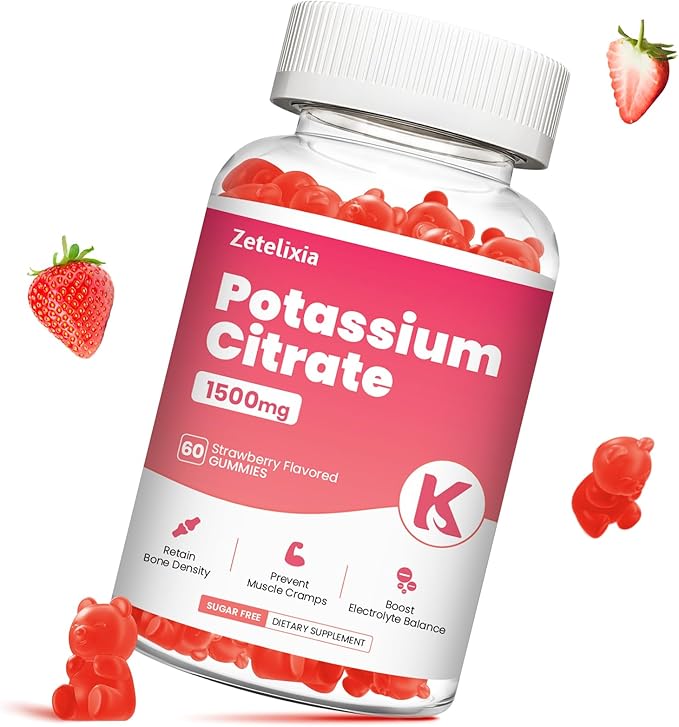 Potassium Gummies for Adults & Women, 1500mg Potassium Citrate Supplement, Support Leg Cramps, Muscle Health & Electrolyte Balance, Sugar Free, Organic, Vegan, Strawberry, 60 Cts