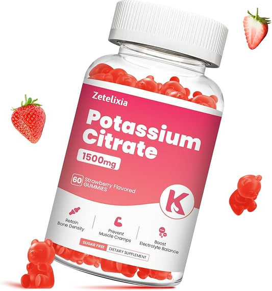 Potassium Gummies for Adults & Women, 1500mg Potassium Citrate Supplement, Support Leg Cramps, Muscle Health & Electrolyte Balance, Sugar Free, Organic, Vegan, Strawberry, 60 Cts