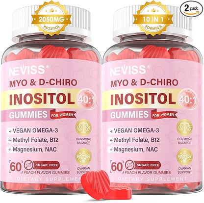 Myo-Inositol & D-Chiro Inositol Gummies 2050mg for Women with Vegan Omega-3 + D3, Magnesium Glycinate, Methyl Folate + B12, 40:1 Ratio Inositol for Hormone Balance, Fertility & Ovarian, Sugar Free