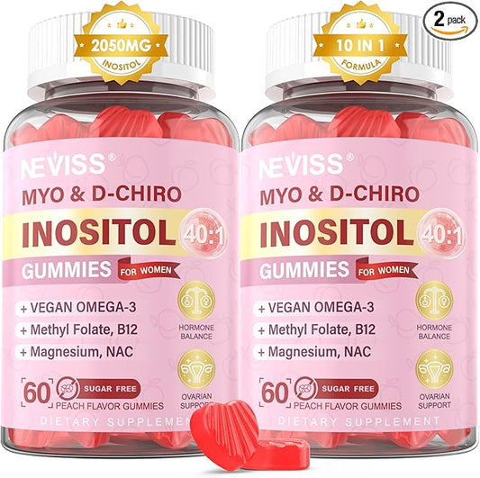 Myo-Inositol & D-Chiro Inositol Gummies 2050mg for Women with Vegan Omega-3 + D3, Magnesium Glycinate, Methyl Folate + B12, 40:1 Ratio Inositol for Hormone Balance, Fertility & Ovarian, Sugar Free