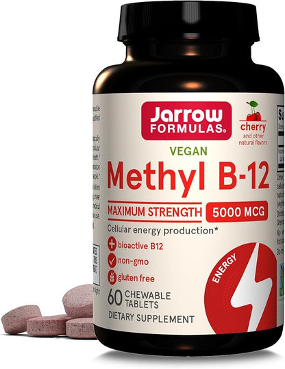 Jarrow Formulas Maximum Strength Methyl B-12 5000 mcg, Dietary Supplement for Cellular Energy Production and Brain Health Support, 60 Cherry-Flavored Chewable Tablets, 60 Day Supply