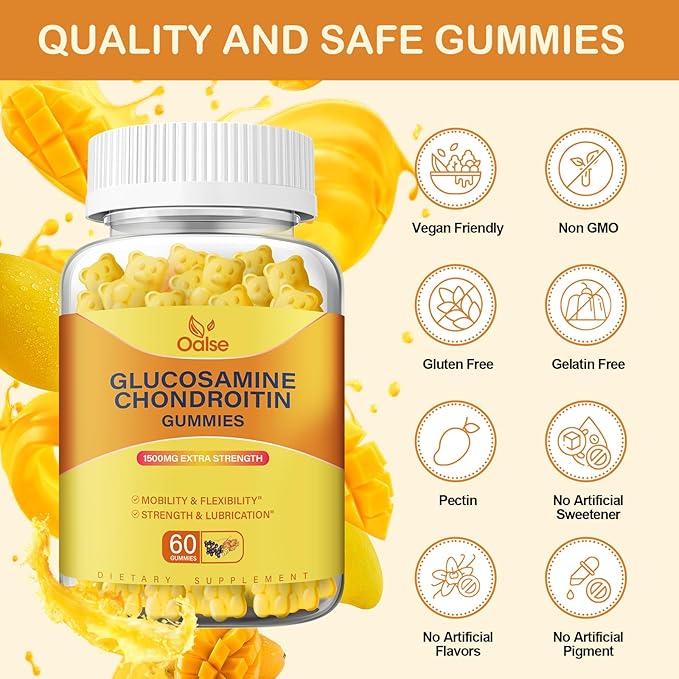 Vegan Glucosamine Chondroitin Gummies, Support Supplement for Adults Men & Women, 1500mg Extra Strength Glucosamine with Chondroitin MSM Turmeric Elderberry for Health