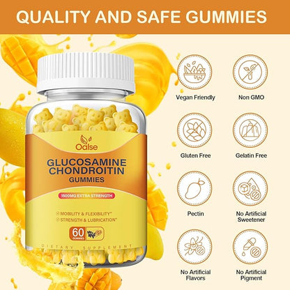Vegan Glucosamine Chondroitin Gummies, Support Supplement for Adults Men & Women, 1500mg Extra Strength Glucosamine with Chondroitin MSM Turmeric Elderberry for Health