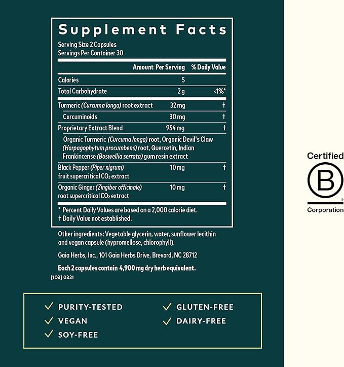 Gaia Herbs Turmeric Supreme Joint Health - Joint Support Supplement - with Quercetin, Black Pepper, Boswellia, Ginger Root, Curcuminoids, & More - 60 Liquid Phyto-Capsules (15-Day Supply)