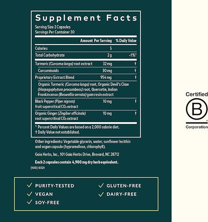 Gaia Herbs Turmeric Supreme Joint Health - Joint Support Supplement - with Quercetin, Black Pepper, Boswellia, Ginger Root, Curcuminoids, & More - 60 Liquid Phyto-Capsules (15-Day Supply)