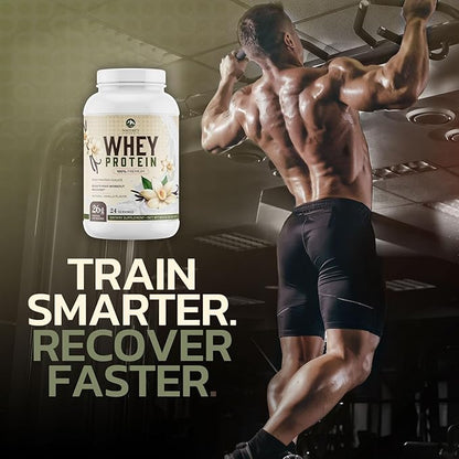 Premium 100% Whey Protein Powder 26g, Creamy French Vanilla, Advanced Isolate Protein for Muscle Gain, Recovery & Immune System Support, No Added Sugar, For Shakes & Vanilla Smoothies - 24 Servings