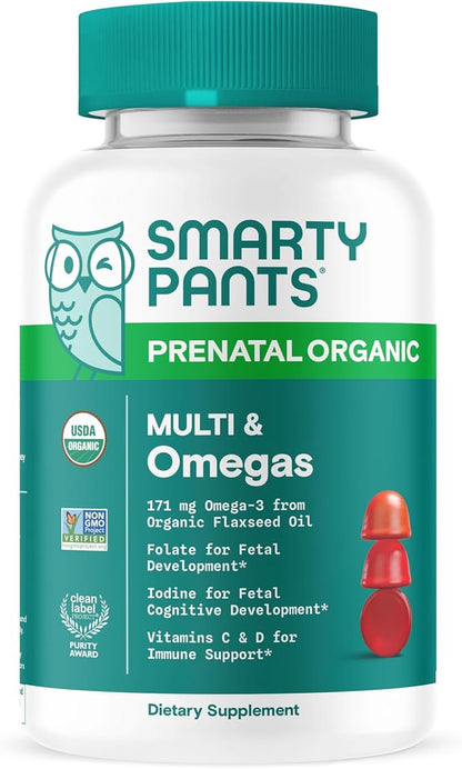 SmartyPants Organic Prenatal Vitamins for Women, Multivitamin Gummies: Biotin, Methylfolate, Omega 3 (ALA), Vitamin D3, C, Vitamin B12, B6, Vitamin A, K2 & Zinc, Vegetarian, 120 Count (30 Day Supply)