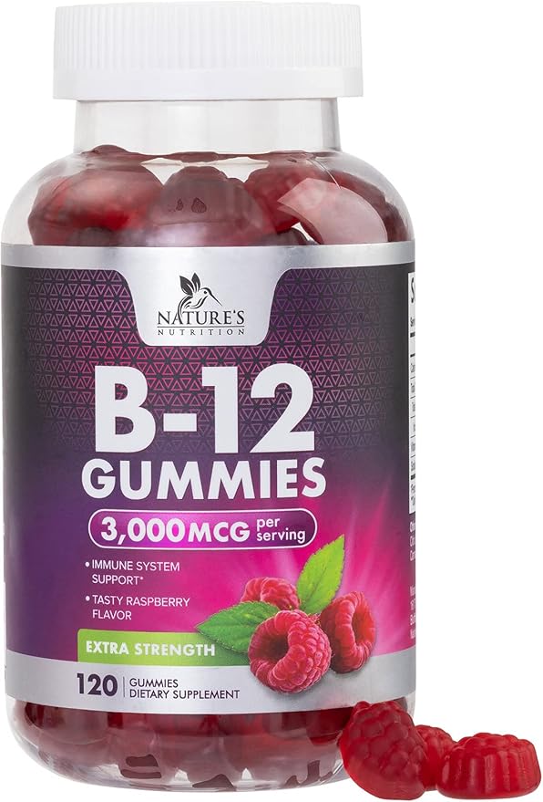 B12 Gummies, Extra Strength Energy 3000 mcg Vitamin B12, B-12 Energy Metabolism & Immune System Support, Chewable Supplement for Adults & Kids, Caffeine Free, Berry Flavored Gummy, Vegan - 120 Count