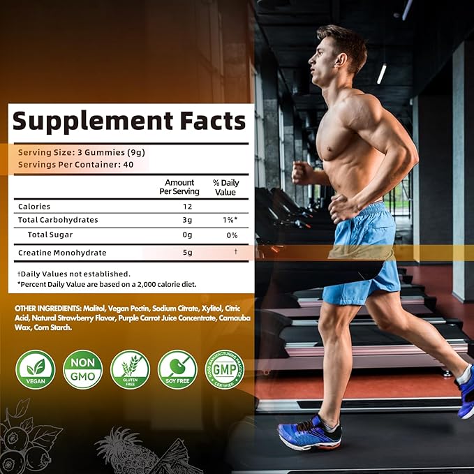 Creatine Monohydrate Gummies for Men & Women-5g of Creatine Monohydrate per Serving - Sugar Free,Vegan,Blueberry Pineapple Flavor, 120 Count