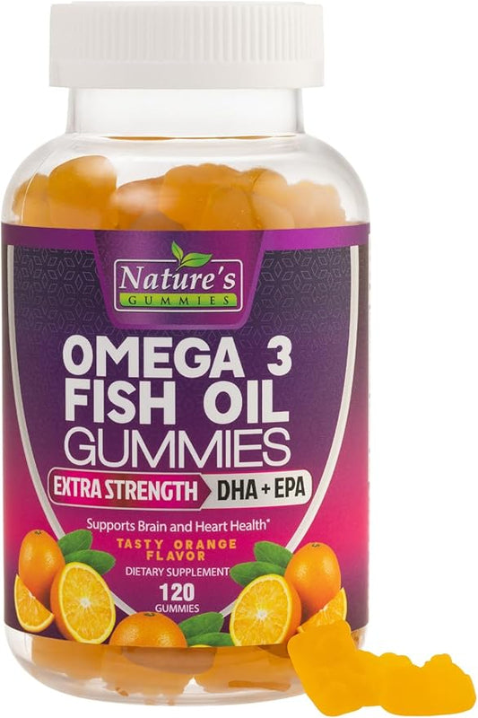 Omega Fish Oil Gummies - Delicious Orange Flavor Fish Oil Omega 3 Supplements with Heart Healthy EPA & DHA Fatty Acids for Heart, Joint & Brain Support - Omega 3 Fish Oil Gummy Vitamins - 120 Gummies