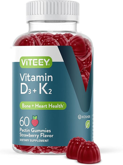 Vitamin D3 K2 Gummies - 1000 IU Vitamin D3 and K2 100mcg - Bone & Heart Health for Adults and Teens - Vegetarian, Gelatin Free, GMO Free - Tasty Chewable D3K2 Vitamins Strawberry Flavored Gummy