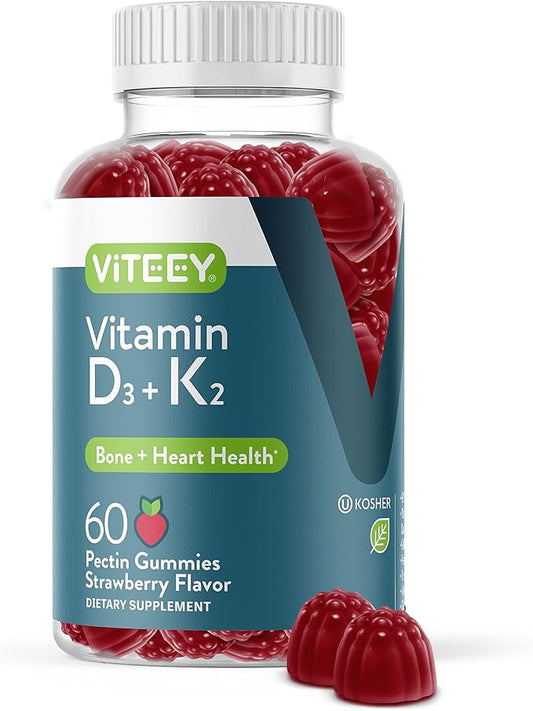 Vitamin D3 K2 Gummies - 1000 IU Vitamin D3 and K2 100mcg - Bone & Heart Health for Adults and Teens - Vegetarian, Gelatin Free, GMO Free - Tasty Chewable D3K2 Vitamins Strawberry Flavored Gummy